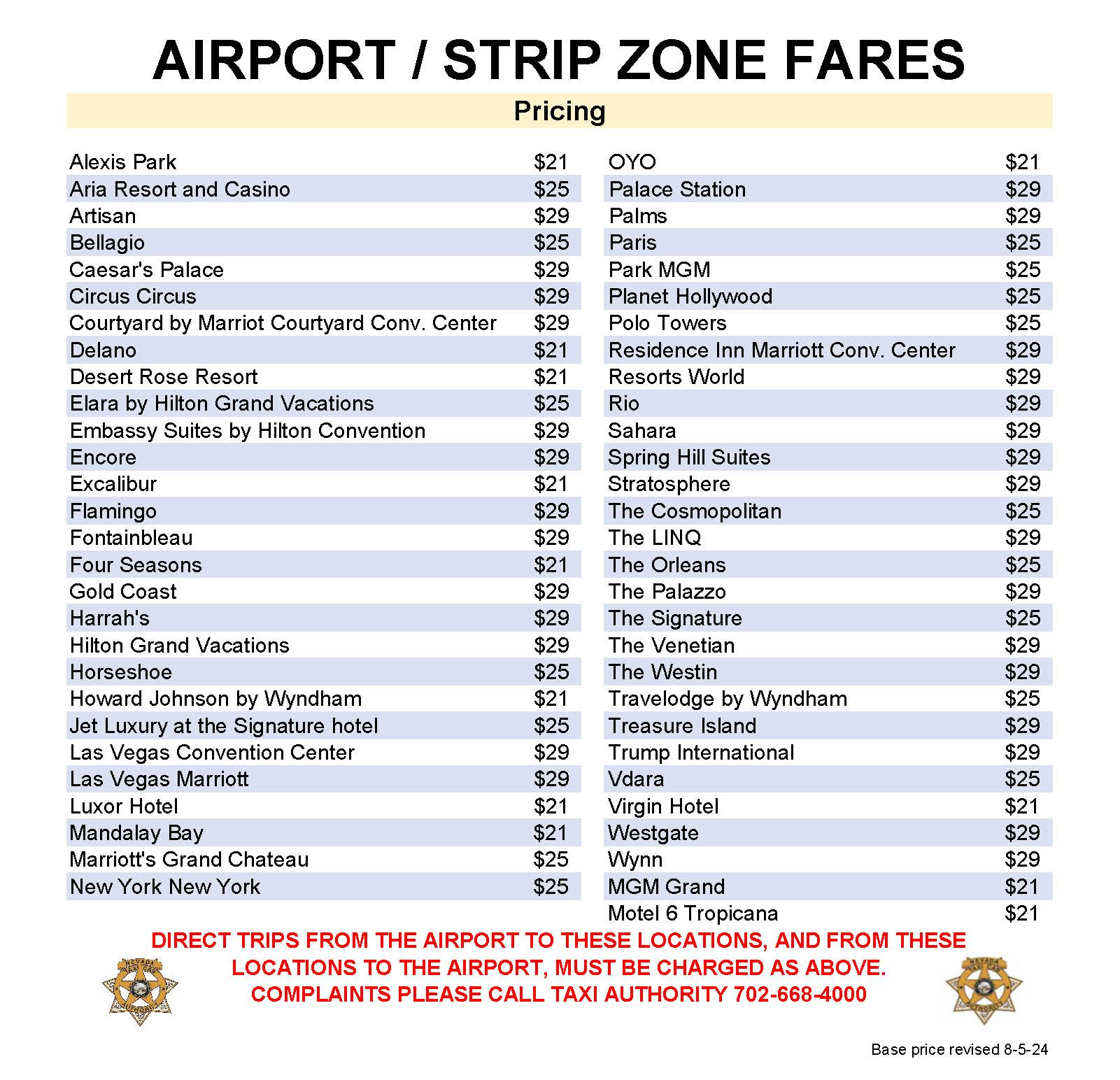 Airport to Strip/ Strip to Airport Zones Fares